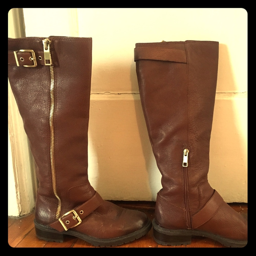 BCBG Brown leather boots with gold details